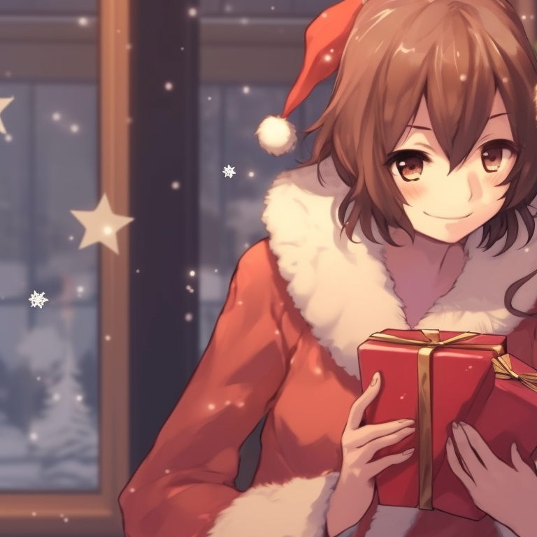 Two characters sitting front of a Christmas tree, warm hues and cozy atmosphere. unique matching anime girl christmas pfp designs pfp for discord.