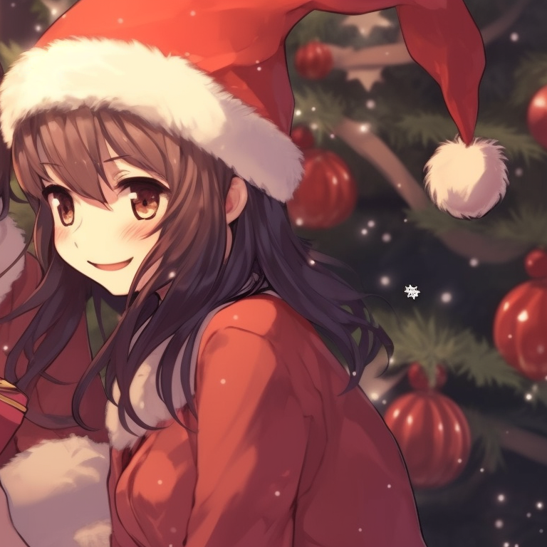 Two characters sitting front of a Christmas tree, warm hues and cozy atmosphere. unique matching anime girl christmas pfp designs pfp for discord.