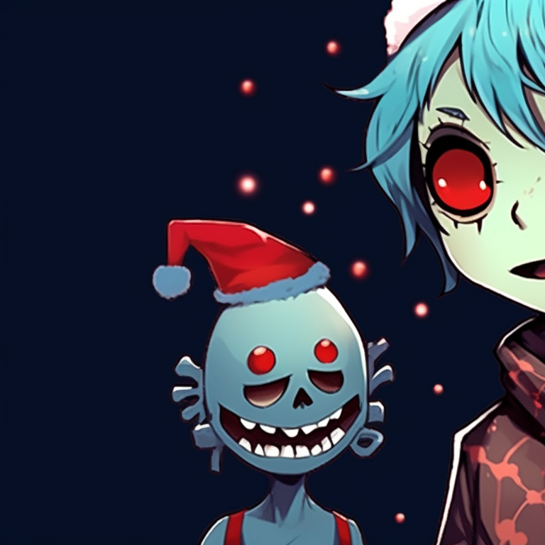 Close-up of two punk style characters sharing a black candy cane, noticeable grunge elements, snowflakes in background. grunge trend matching christmas pfp punk pfp for discord.