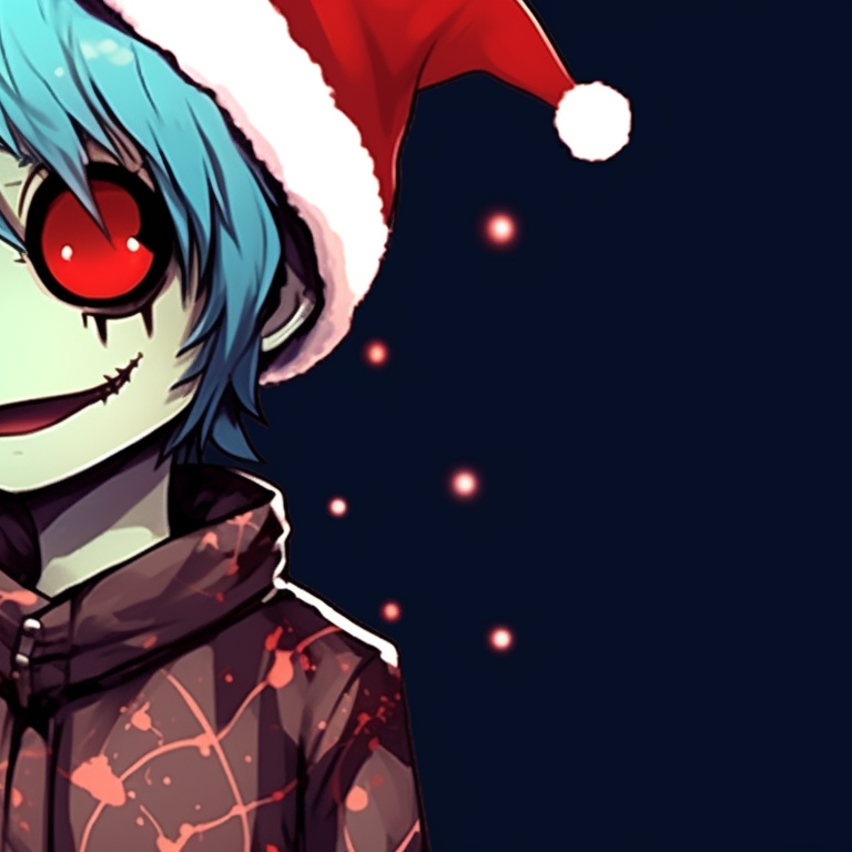Close-up of two punk style characters sharing a black candy cane, noticeable grunge elements, snowflakes in background. grunge trend matching christmas pfp punk pfp for discord.