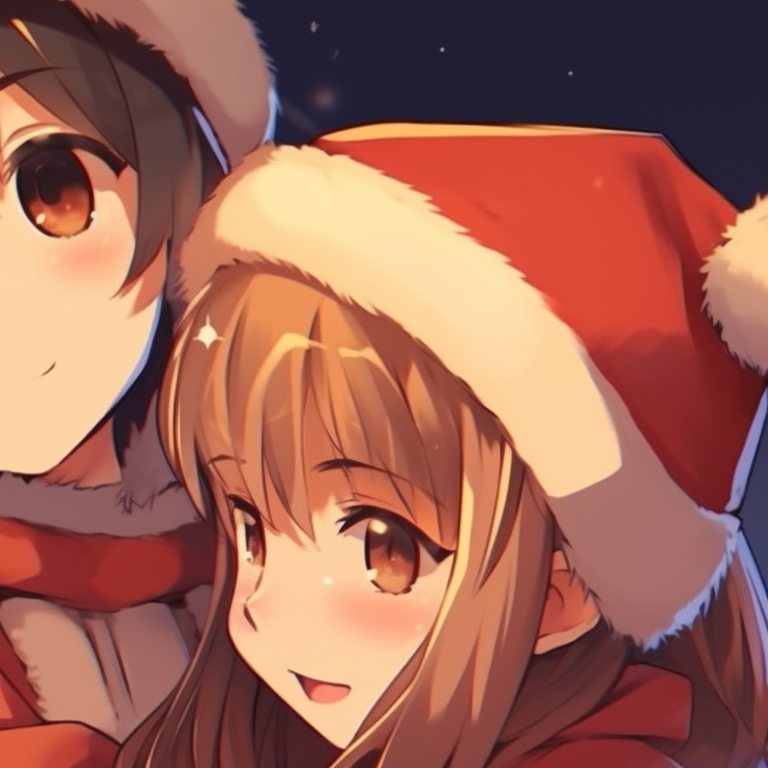 Two characters sharing a cozy Christmas moment, their eyes meet, orange sweaters contrasting the snowy backdrop. orange christmas pfp variations pfp for discord.