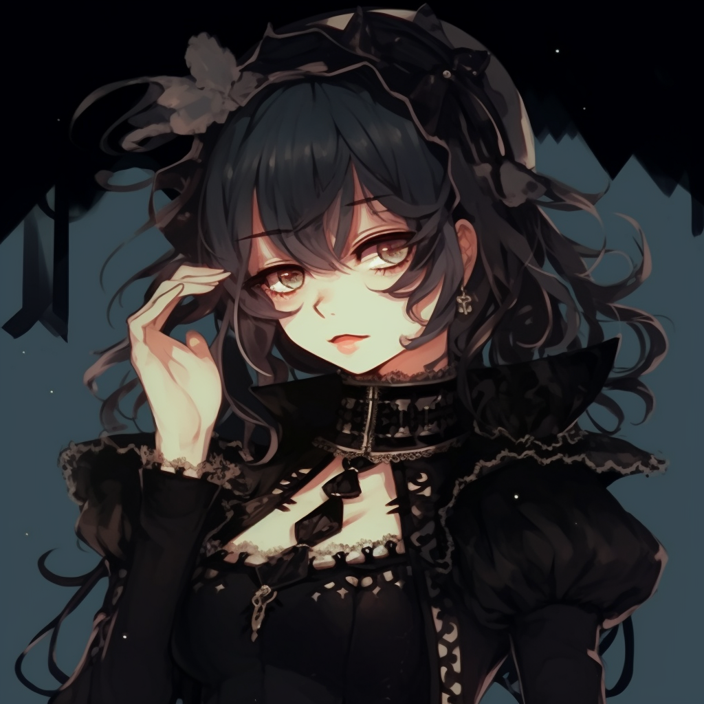 Female anime character in Gothic Lolita attire, dark hues with detailed adornments. emo anime pfp artistic styles