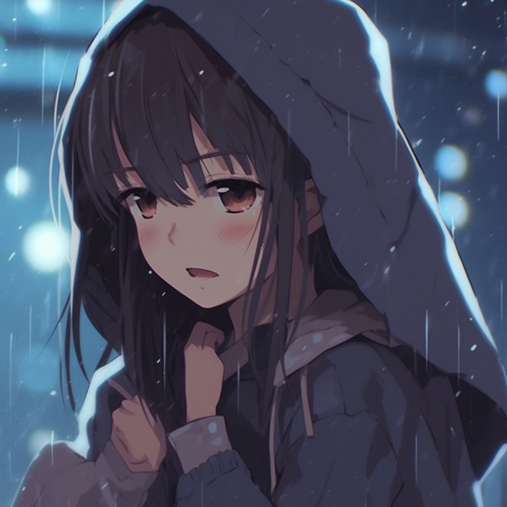 Depressed Anime Girl standing in the rain, use of cool tones and soft lighting. depressed anime girl pfp for profiles pfp for discord.