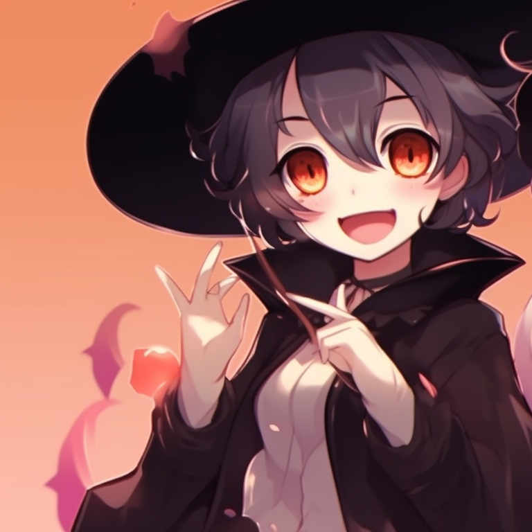 Two characters in matching witch costumes, energetic poses and soft colors. cute halloween matching pfp for lovers pfp for discord.