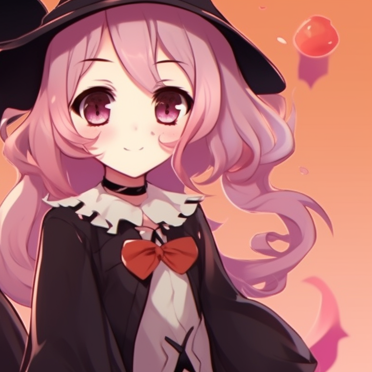 Two characters in matching witch costumes, energetic poses and soft colors. cute halloween matching pfp for lovers pfp for discord.