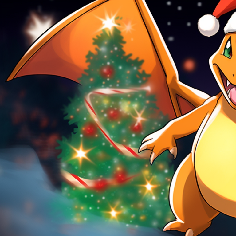 Close-up of two Charizard characters, winter scarves and snowflake details. charizard christmas special pfp pfp for discord.