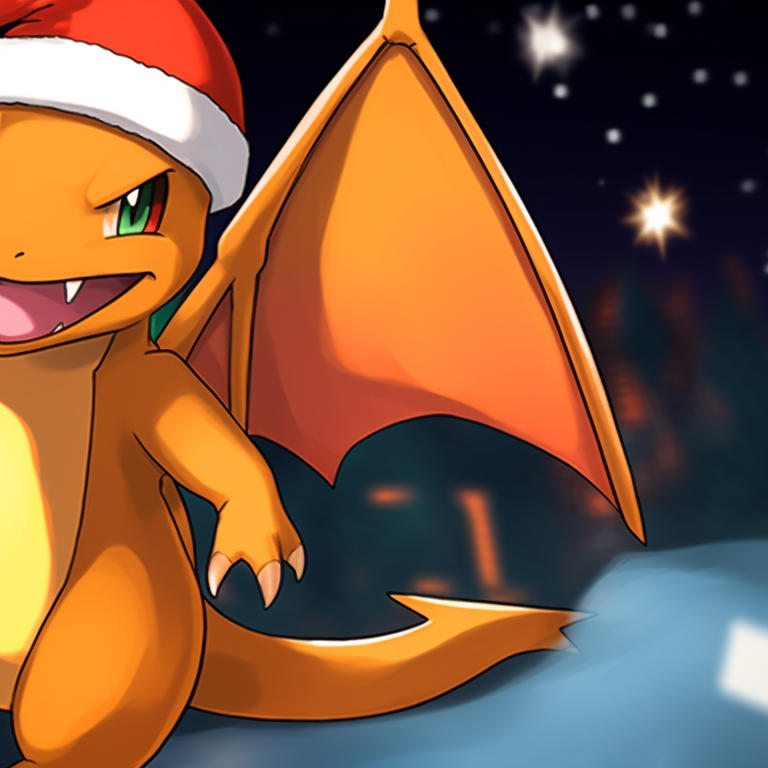 Close-up of two Charizard characters, winter scarves and snowflake details. charizard christmas special pfp pfp for discord.