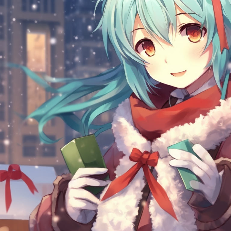 Two Hatsune Miku characters dressed in matching winter outfits, pastel tones and soft shading, sharing a scarf. christmas with hatsune miku matching pfp pfp for discord.
