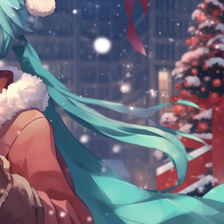 Two Hatsune Miku characters dressed in matching winter outfits, pastel tones and soft shading, sharing a scarf. christmas with hatsune miku matching pfp pfp for discord.