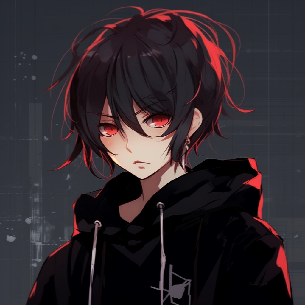 Close-up of an emo anime character, eyes filled with intense emotion, surrounded by detailed hair strands. emo anime pfp characters