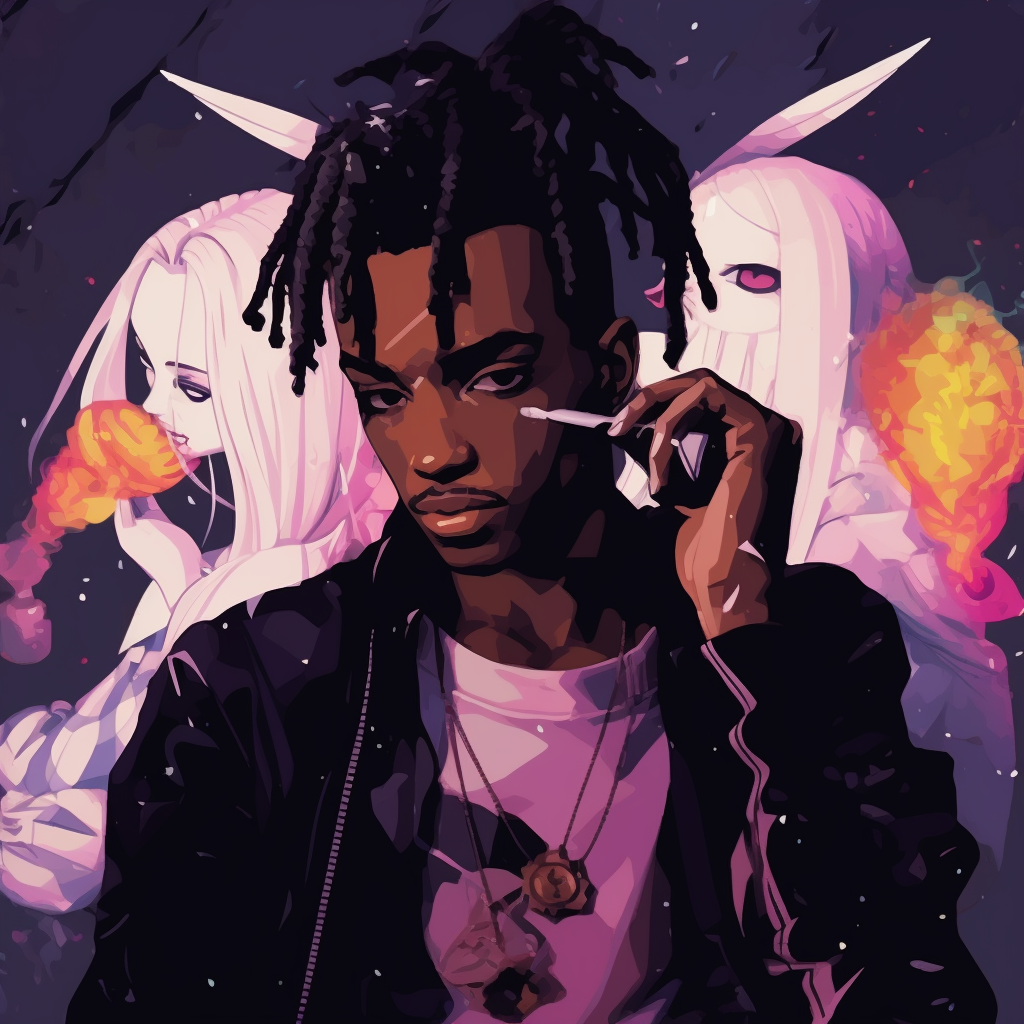 Playboi Carti as a powerful anime hero, bright colors and dynamic details. playboi carti in anime art style