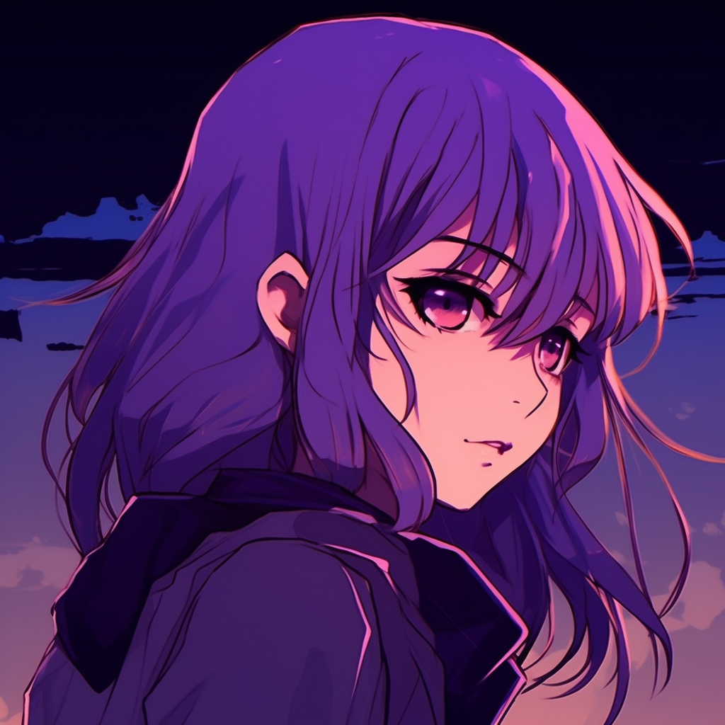 Striking anime profile picture pervaded by purple infusions, emphasizing on expressive eyes and detailed attire. majestic anime purple pfp pfp for discord.