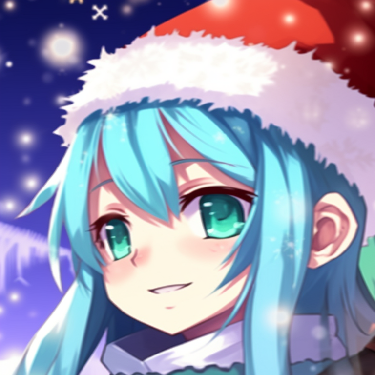 Two characters exchanging gifts, warm lights and festive elements. animated matching hatsune miku christmas pfp options pfp for discord.