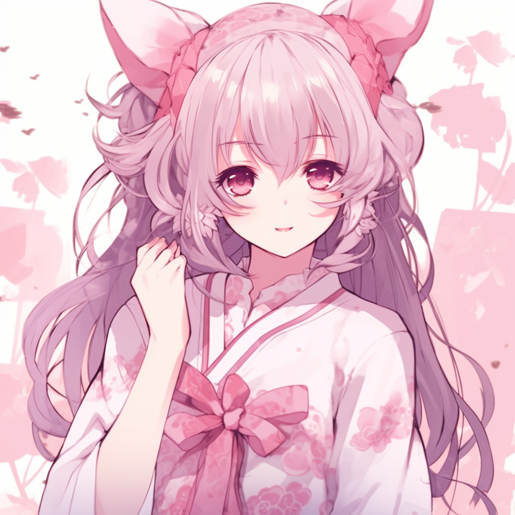 Serene looking anime character with pink elements, tranquil expressions and pastel color palette. adorable pink anime girl pfp images pfp for discord.
