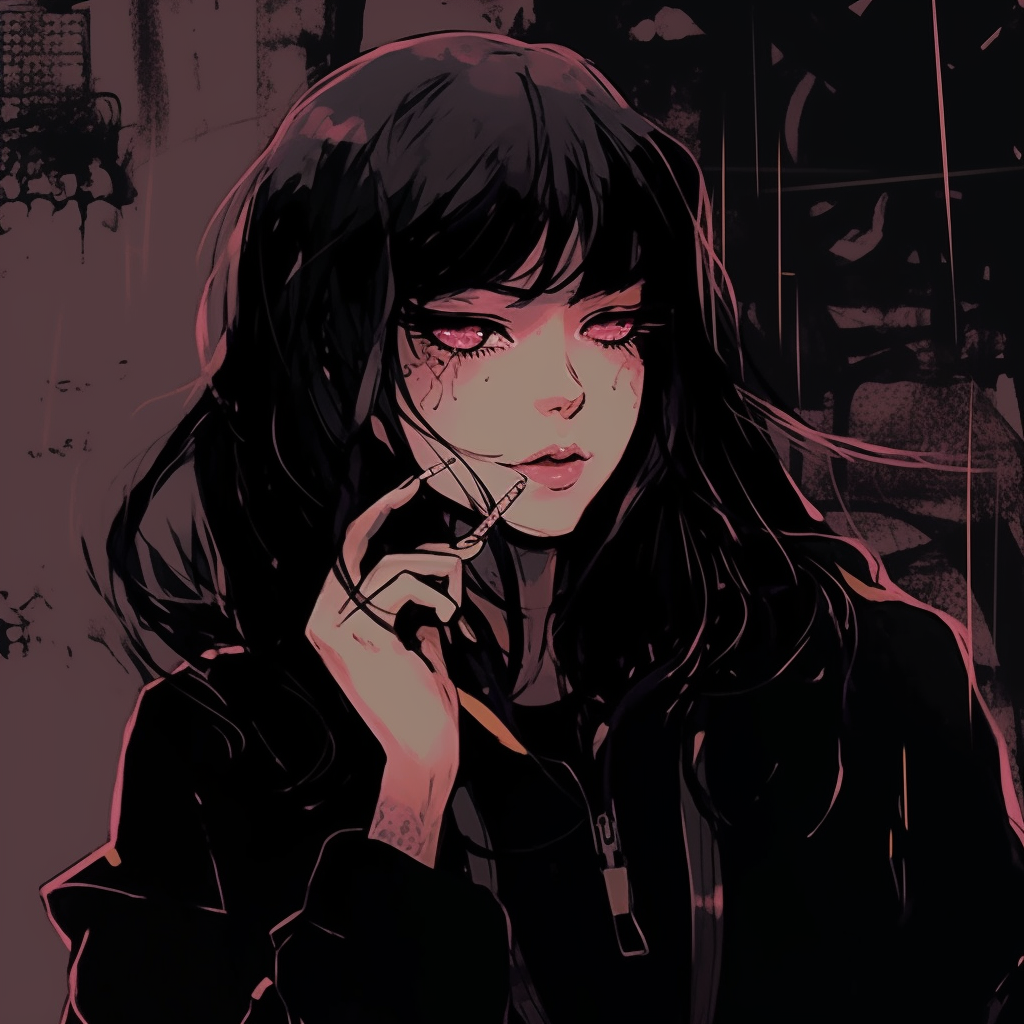 Character in grunge-inspired pose, emphasized rough outlines and cooler hues. trends in grunge aesthetic pfp pfp for discord.