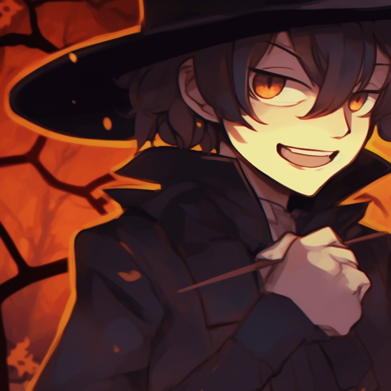 Dazai and Chuuya, dressed in Halloween costumes, in front of a haunted house. dazai and chuuya anime art halloween pfp for discord.
