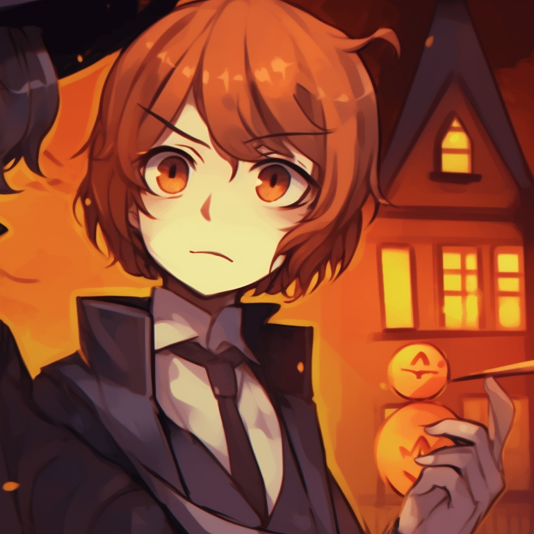 Dazai and Chuuya, dressed in Halloween costumes, in front of a haunted house. dazai and chuuya anime art halloween pfp for discord.