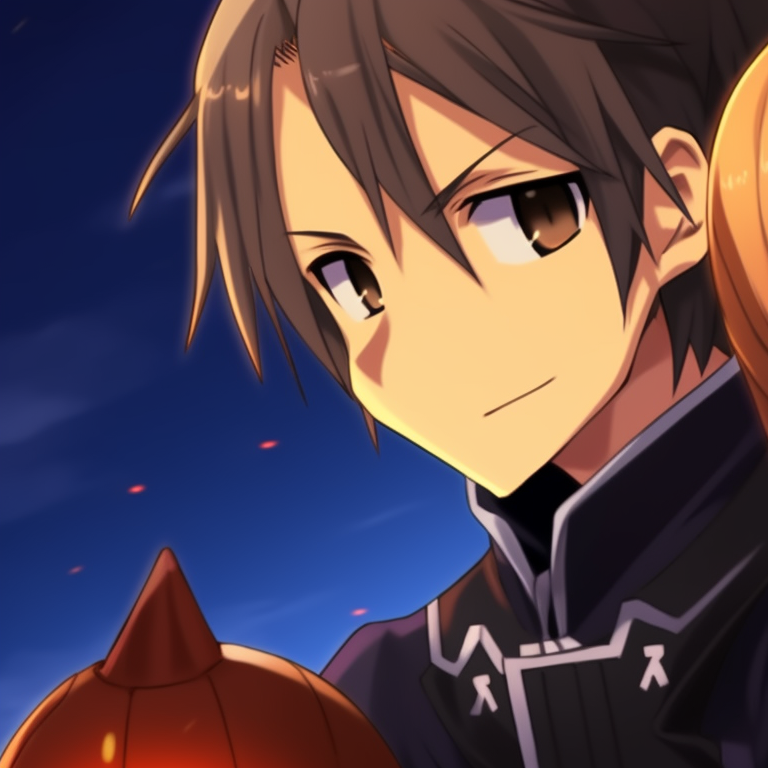 A depiction of the pair in the aftermath of a trick or treat adventure, darker tones hint at approaching twilight. sword art online characters kirito and asuna halloween matching pfp pfp for discord.