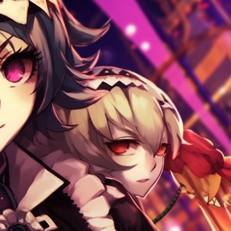 Two characters in the gothic style attire, their interlocking gazes amidst the backdrop of a haunted mansion. themed danganronpa matching pfp pfp for discord.