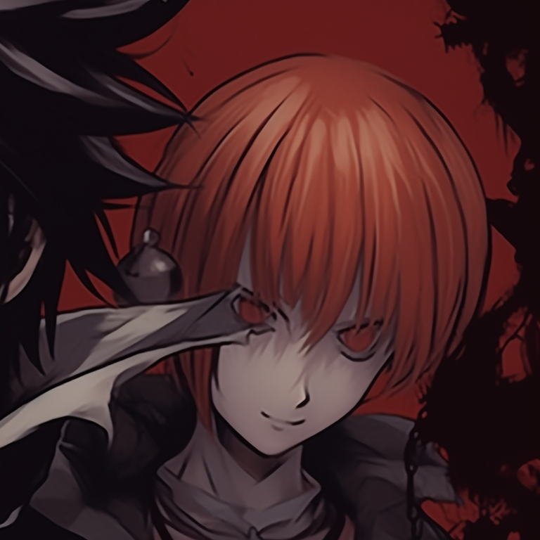 Two characters from Death Note, richly-textured and shaded, portraying a spooky Halloween atmosphere. versatile death note matching pfp halloween theme pfp for discord.