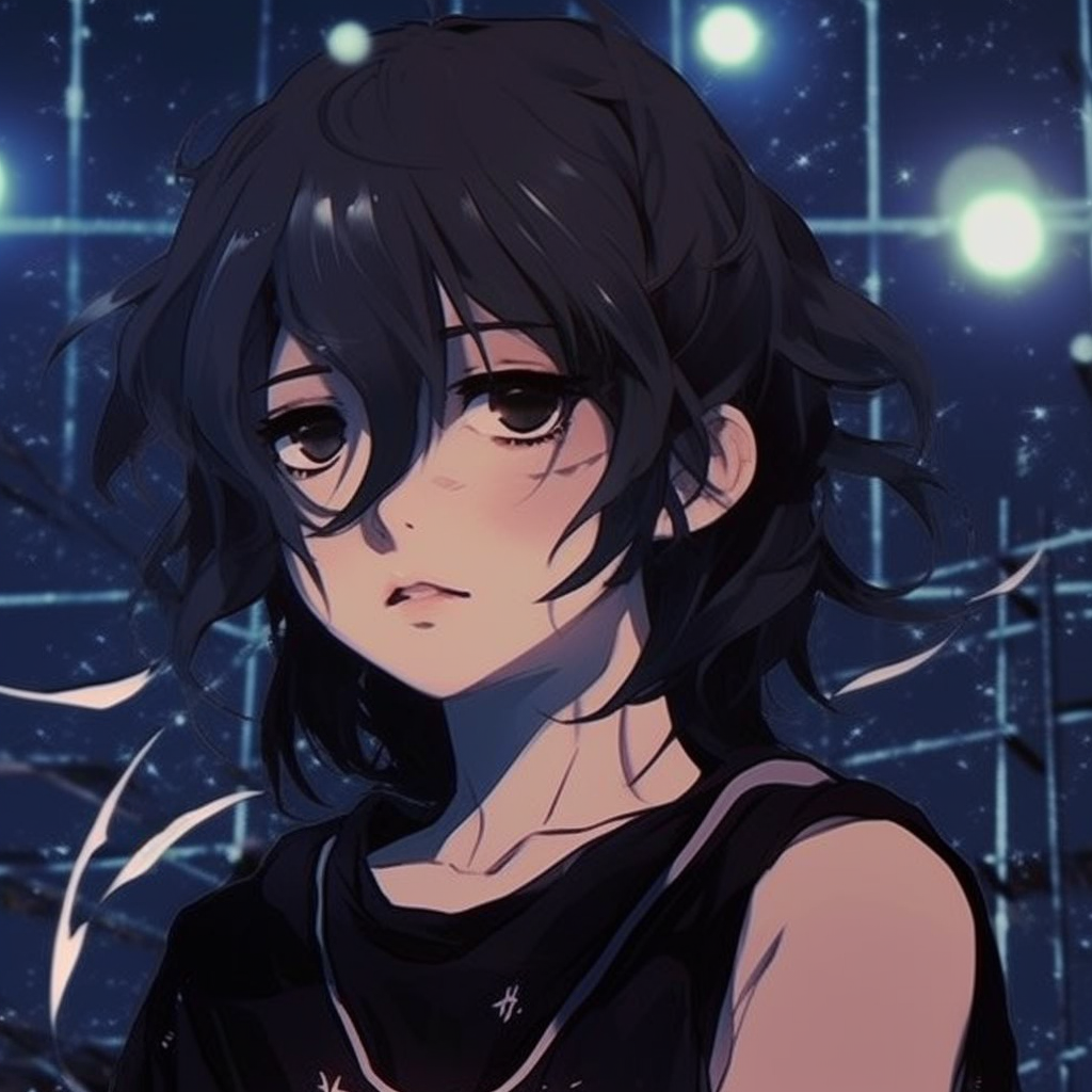 Image of a sorrowful anime character gazing into the starry night, characterised by an intense focus on character's expressions and the nighttime sky's cool hues. anime depressed pfp: unique variants pfp for discord.