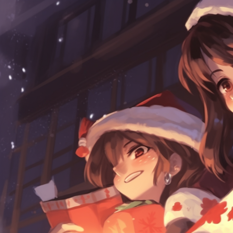 Hu Tao linking arms with a friend amidst Christmas decorations, warm festive colors and refined details. top matching hu tao christmas pfp pfp for discord.