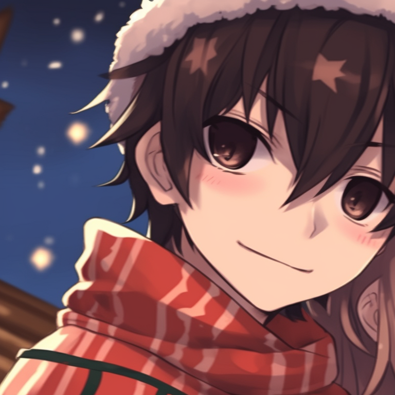 Two characters in Christmas attires, clutching a gift, under falling snowflakes. festive matching christmas pfp anime pfp for discord.