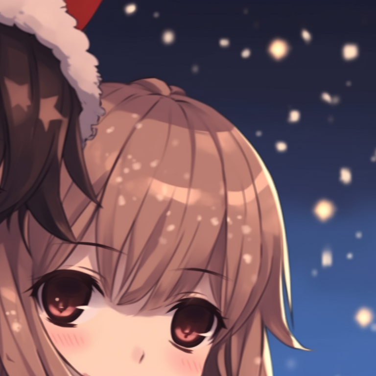 Two characters in Christmas attires, clutching a gift, under falling snowflakes. festive matching christmas pfp anime pfp for discord.