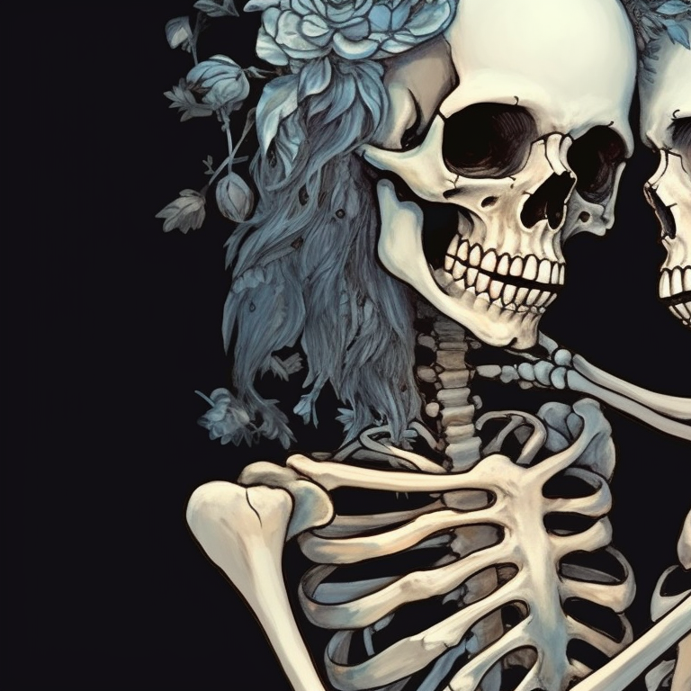 Two skeletons in an embrace, detailed bone anatomy and frosty hues. lovers in the afterlife - matching christmas skeleton pfp kissing pfp for discord.
