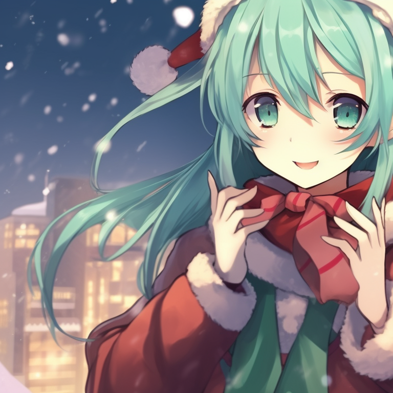 Two Hatsune Miku characters ready for an icy musical performance, dynamic lines and vivid colors. christmas with hatsune miku matching pfp pfp for discord.