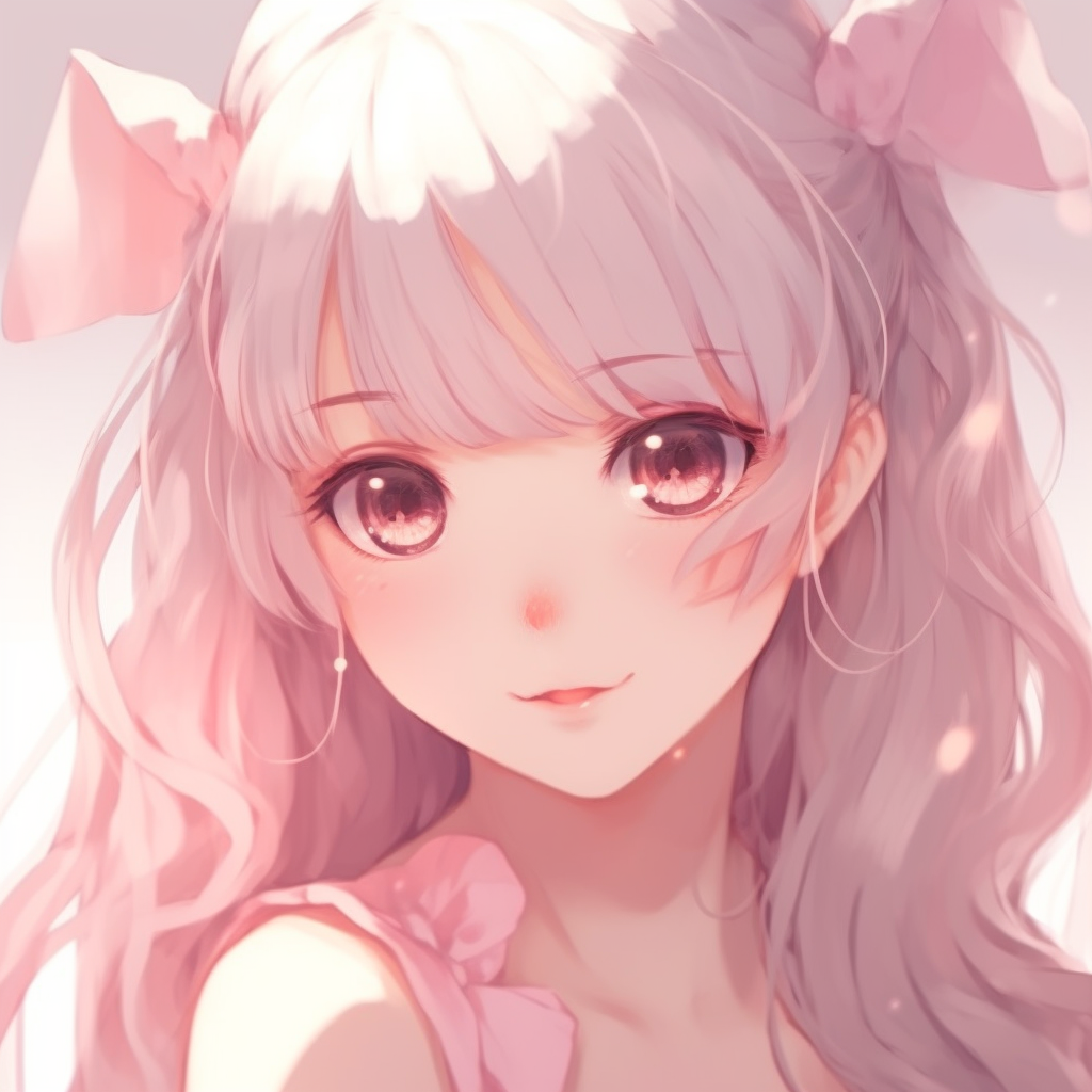 Anime character looking down bashfully, pink highlights in her hair, warm hues and crisp detailing. adorable pink anime girl pfp images pfp for discord.