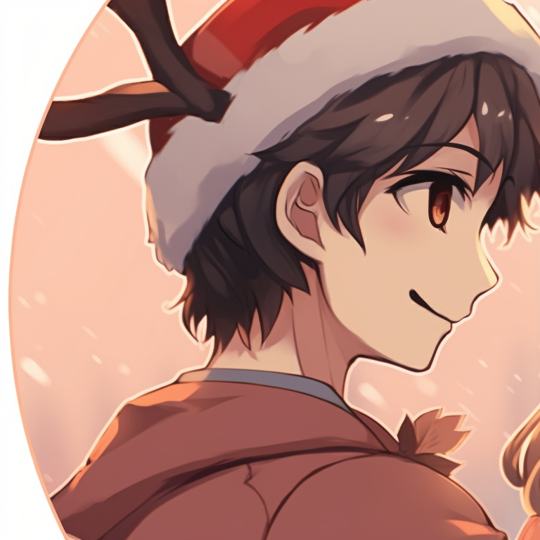 Two anime characters, elf hats and candy canes, back-to-back positions. iconic matching christmas pfp aesthetic pfp for discord.