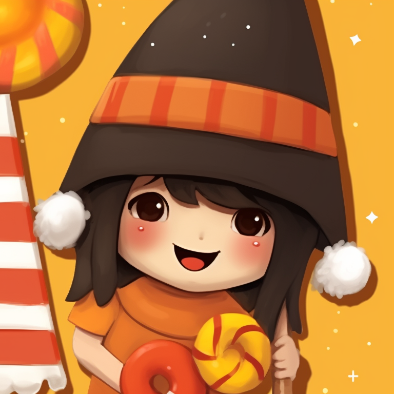 A character marvelling at a Christmas tree while the other looks on, both in candy corn hues. candy corn styled matching christmas pfp pfp for discord.