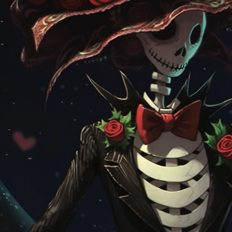 Two skeleton characters close together, surrounded by glowing Christmas candles, deep colors and soft lines. cute skeleton matching christmas pfp pfp for discord.