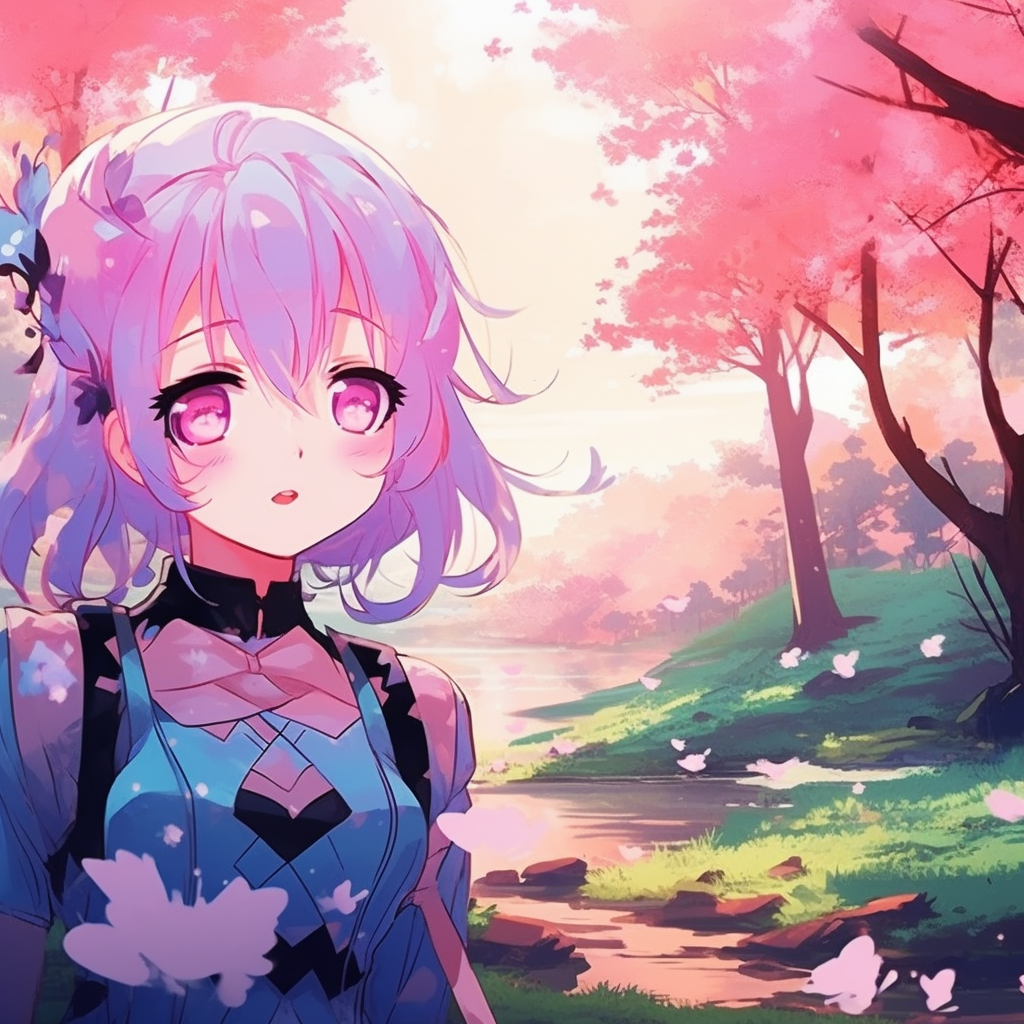 Sakura in a dreamy landscape, soft colors and gentle shading. unique anime aesthetic pfp selections