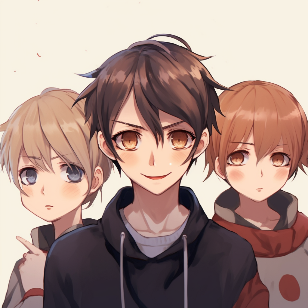 Front view of three anime boys, prominent eyes and varying outfits. anime pfp boy trio pfp for discord.