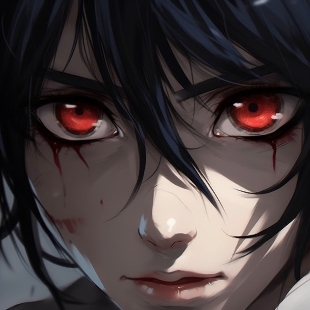 Detailed close-up of a yandere's blood lust-filled eyes, stark detailing and use of deep red tones. epic anime eyes pfp girl images