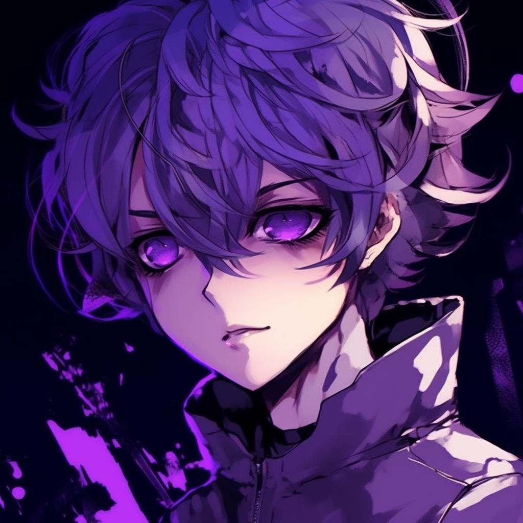 An anime boy cast in dark purples, accentuating his powerful aura and detailed design. stunning purple anime pfp boys