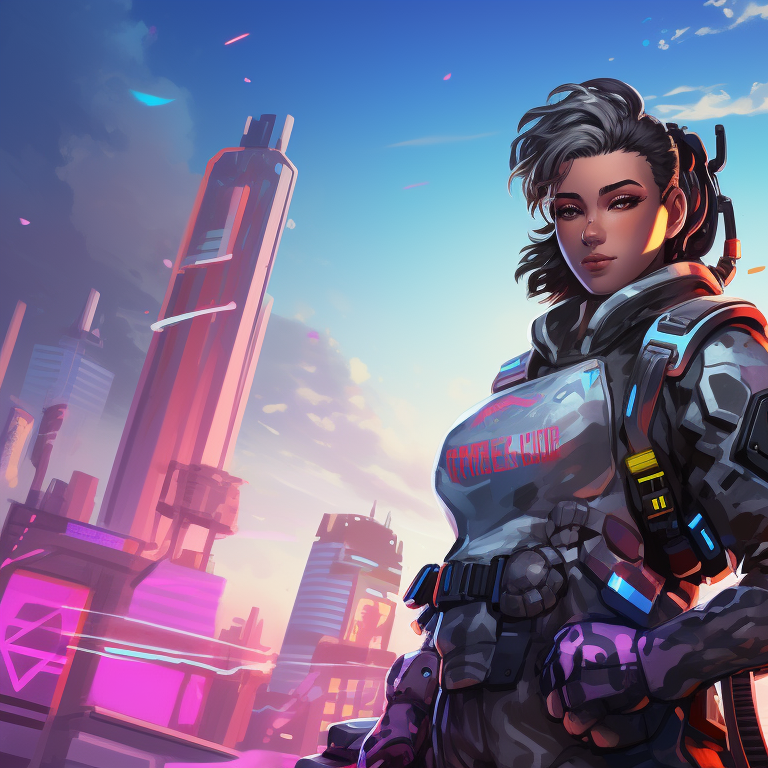 Two characters in dynamic poses, vivid colors, with a striking urban skyline as backdrop. valorant matching pfp characters pfp for discord.