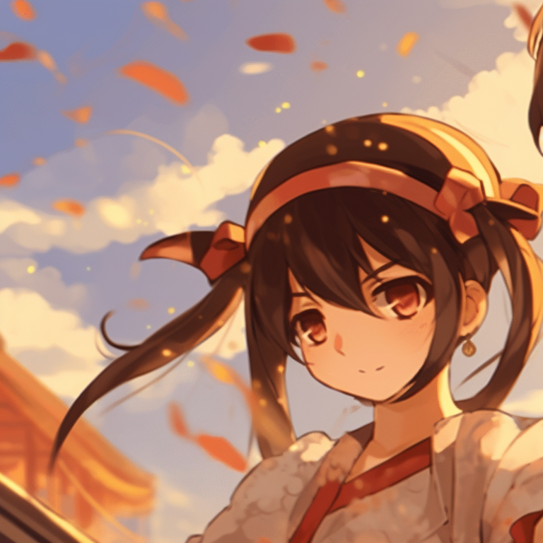 Two characters in traditional festival attire, rich warm colors with soft lighting. delightful matching pfp gif pfp for discord.