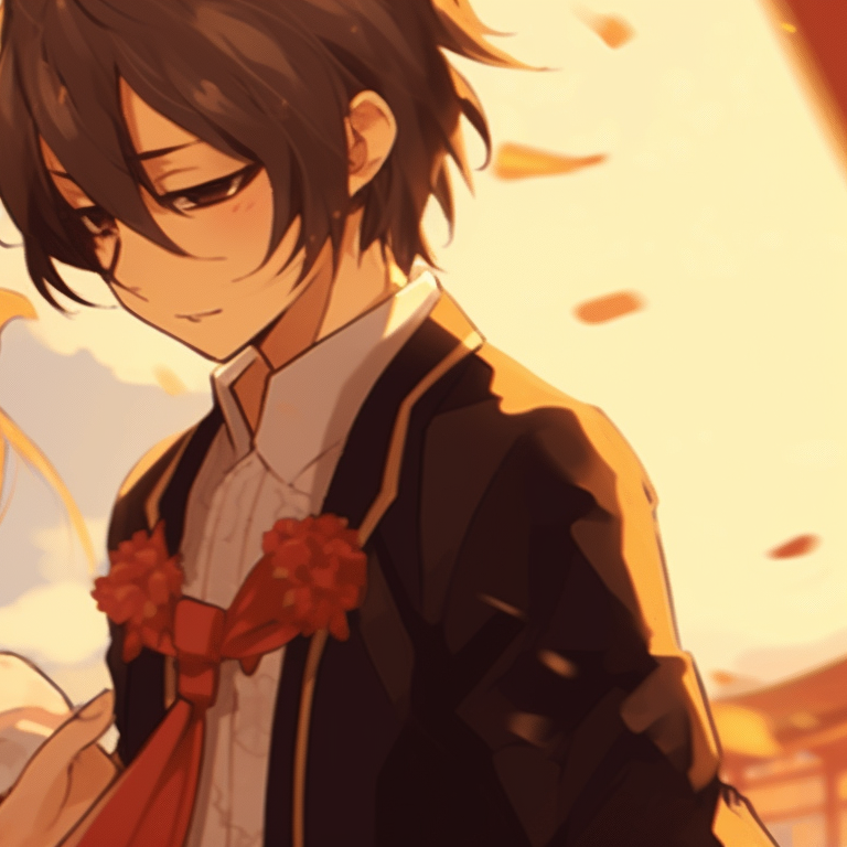Two characters in traditional festival attire, rich warm colors with soft lighting. delightful matching pfp gif pfp for discord.