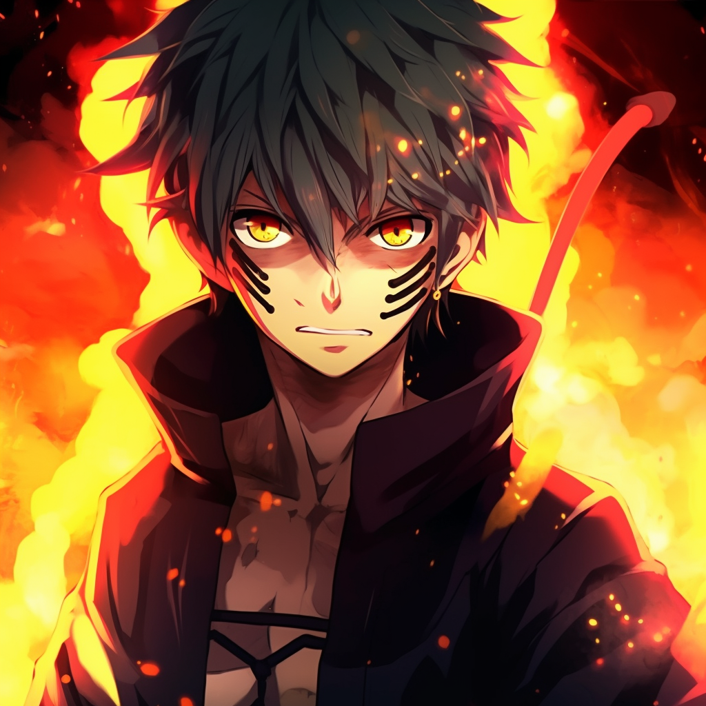 Naruto encapsulated within a flaming aura, emphasising his fierce countenance, detailed portrayal. male fire anime pfp