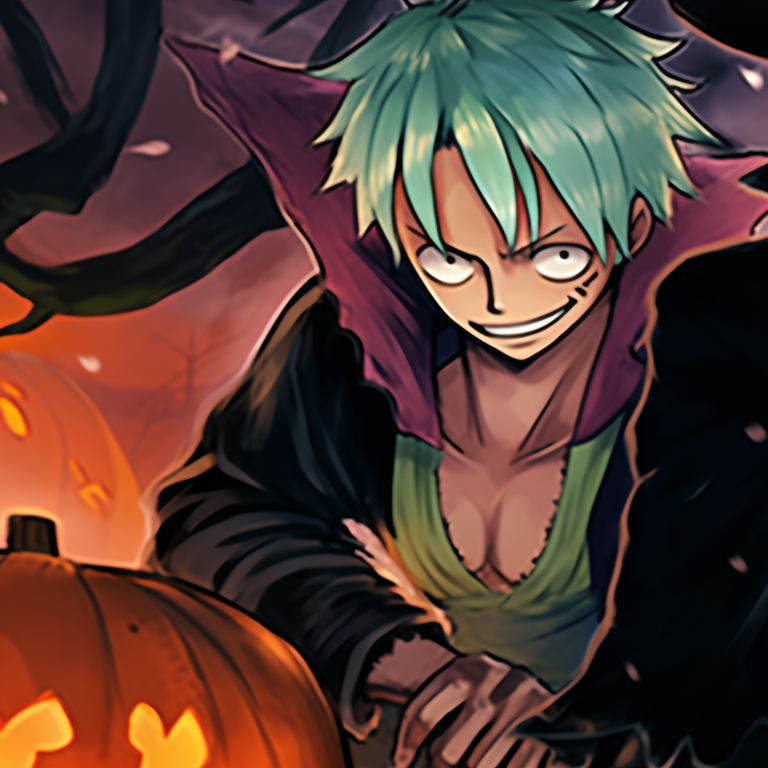 Luffy and Zoro in party attire, vibrant colors and Halloween masks vibrant luffy and zoro halloween theme pfp pfp for discord.