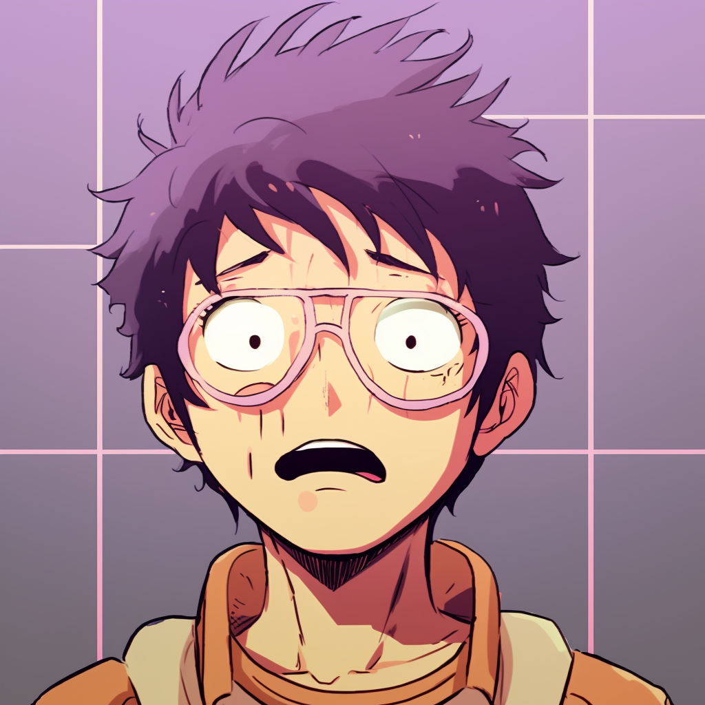 Funnily exaggerated depiction of an intelligent anime character in deep thought, diverse color palette with abstract backgrounds. quirky pfp for anime enthusiasts pfp for discord.