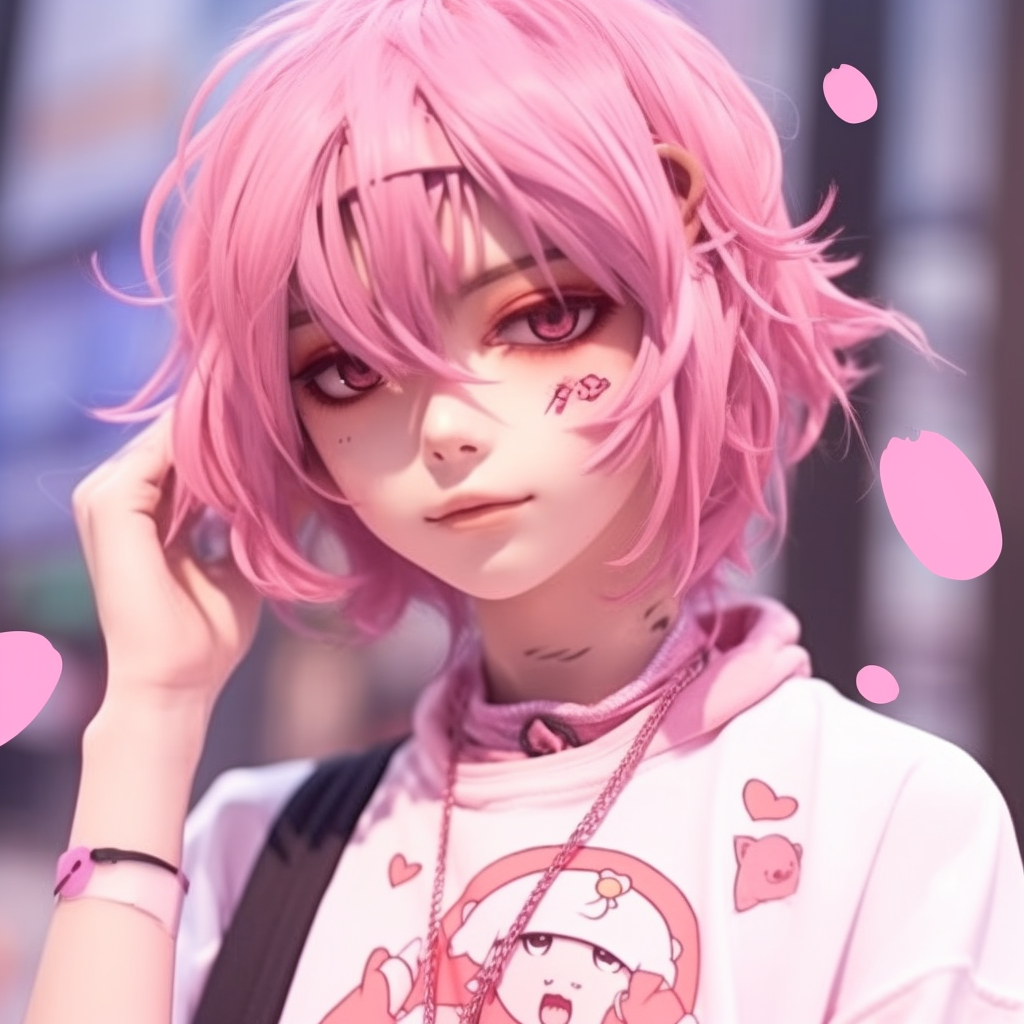 Serene anime character with a pink-themed setting, outlining the tranquil and peaceful scene. pink anime pfps for boys