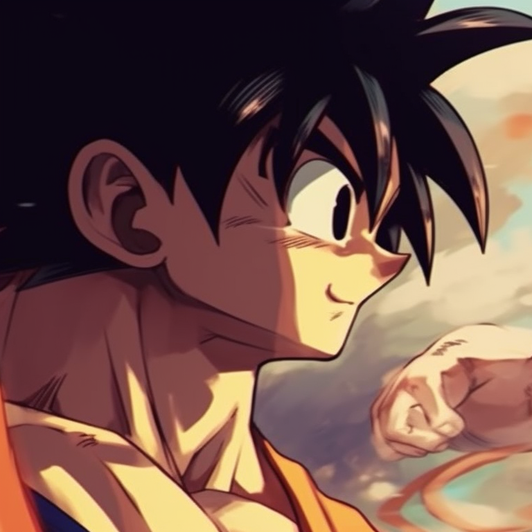 Goku and Chichi in a playful sparring pose, with bright colors and images showcasing a light-hearted art style. goku vs chichi battles pfp for discord.