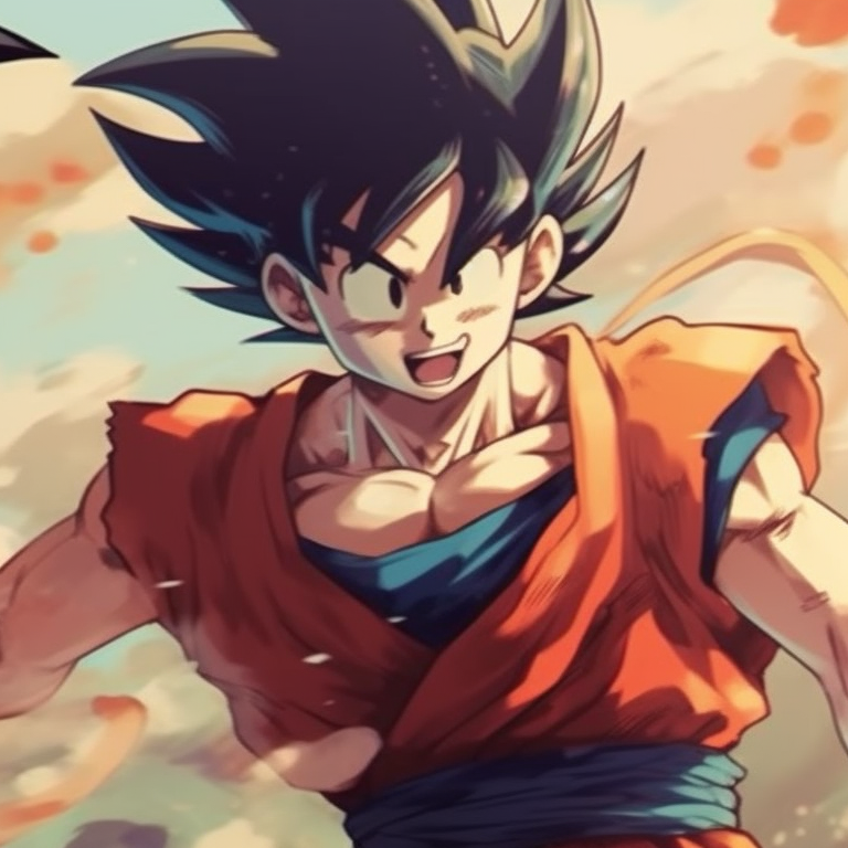 Goku and Chichi in a playful sparring pose, with bright colors and images showcasing a light-hearted art style. goku vs chichi battles pfp for discord.