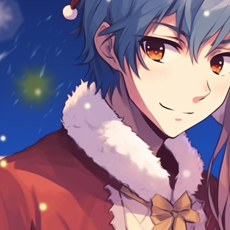 Two characters under a Christmas tree, warm lighting and rich detail in the decorations. gorgeous matching christmas pfp anime pfp for discord.