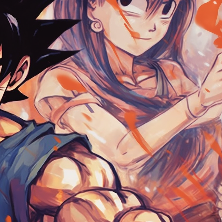 Two characters, Goku and Chichi, in their classic combat attire, action-filled imagery with vibrant colors. goku and chichi matching portraits pfp for discord.