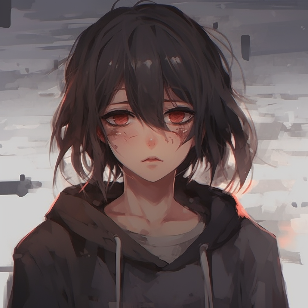 Anime character with an obviously forced smile, emphasis on the expression and muted colors. depressed anime characters pfp